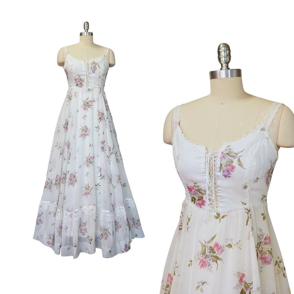 Gunne Sax White Floral Corset Maxi Dress Size 7 9 Vintage 70s Prairie Calico